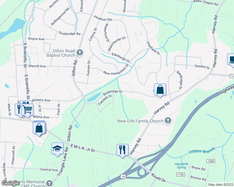 map of restaurants, bars, coffee shops, grocery stores, and more near 3816 Banbridge Drive in High Point