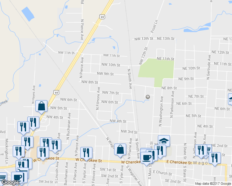 map of restaurants, bars, coffee shops, grocery stores, and more near 417 Northwest 7th Street in Wagoner