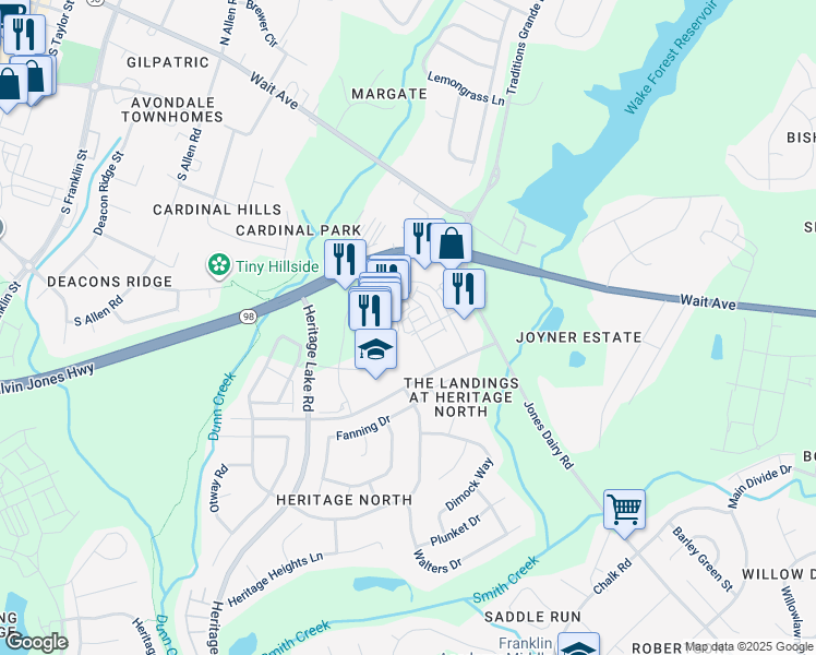 map of restaurants, bars, coffee shops, grocery stores, and more near 524 Toran Drive in Wake Forest
