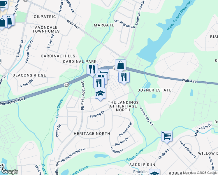 map of restaurants, bars, coffee shops, grocery stores, and more near 524 Toran Drive in Wake Forest