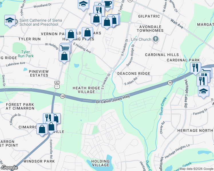 map of restaurants, bars, coffee shops, grocery stores, and more near in Wake Forest
