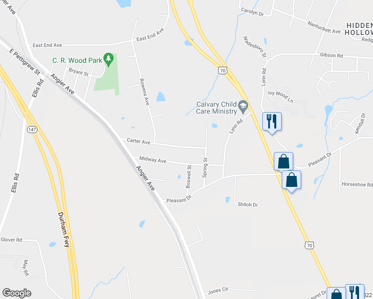 map of restaurants, bars, coffee shops, grocery stores, and more near 719 Carter Avenue in Durham