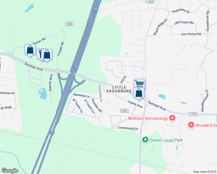 map of restaurants, bars, coffee shops, grocery stores, and more near 4225 Sunset Avenue in Rocky Mount