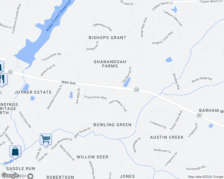 map of restaurants, bars, coffee shops, grocery stores, and more near 1633 Frog Hollow Way in Wake Forest
