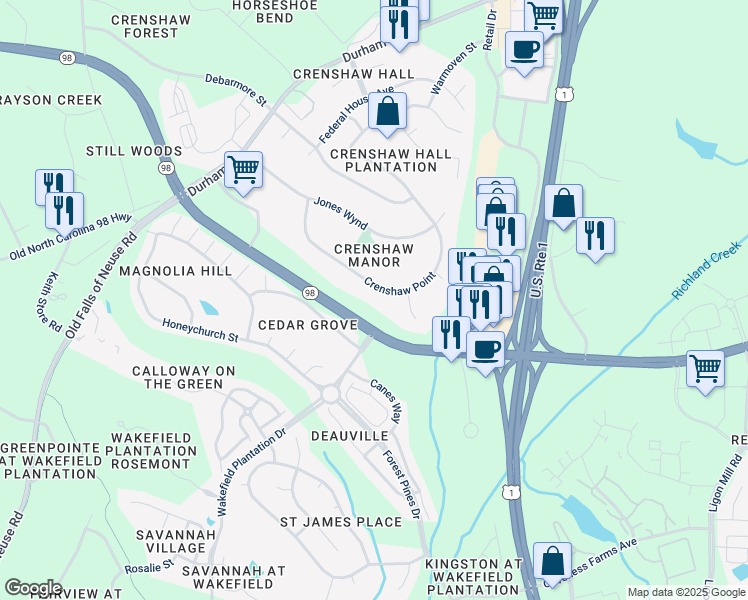 map of restaurants, bars, coffee shops, grocery stores, and more near 1562 Crenshaw Point in Wake Forest