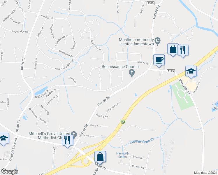 map of restaurants, bars, coffee shops, grocery stores, and more near 240 Timberwood Drive in High Point