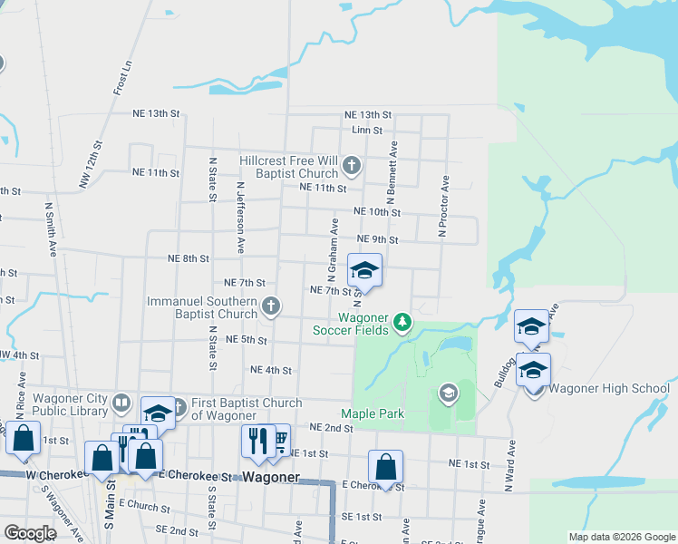 map of restaurants, bars, coffee shops, grocery stores, and more near 909 Northeast 7th Street in Wagoner