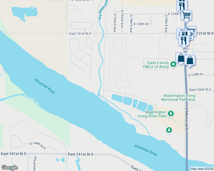 map of restaurants, bars, coffee shops, grocery stores, and more near Fry Creek Trail in Bixby