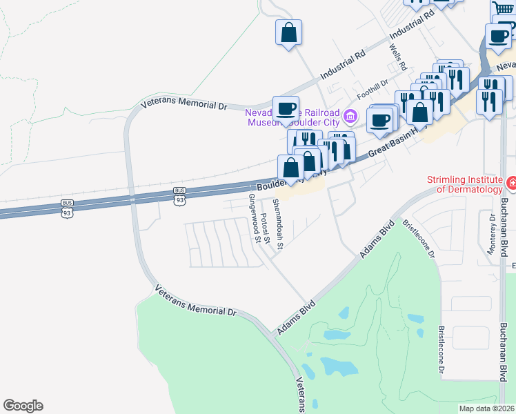 map of restaurants, bars, coffee shops, grocery stores, and more near 1282 Potosi Street in Boulder City