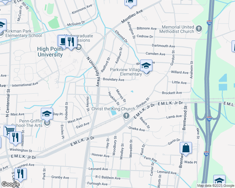 map of restaurants, bars, coffee shops, grocery stores, and more near 307 Murray Street in High Point