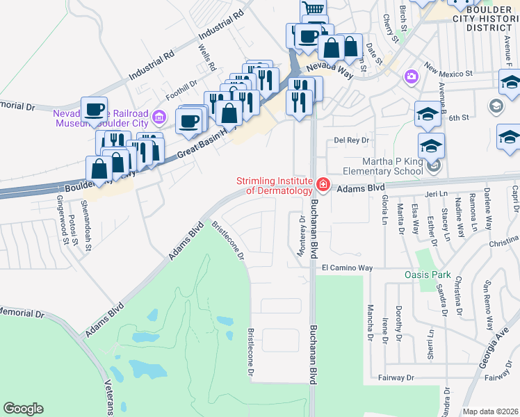 map of restaurants, bars, coffee shops, grocery stores, and more near 1514 Washburn Street in Boulder City