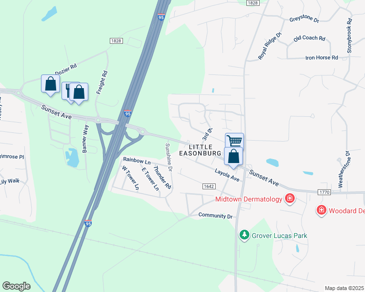 map of restaurants, bars, coffee shops, grocery stores, and more near 4225 Sunset Avenue in Rocky Mount
