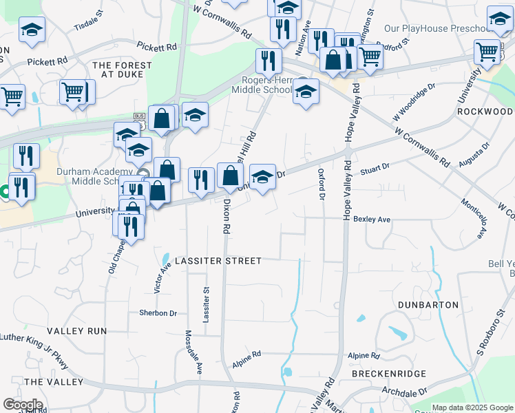 map of restaurants, bars, coffee shops, grocery stores, and more near 3005 Dixon Road in Durham