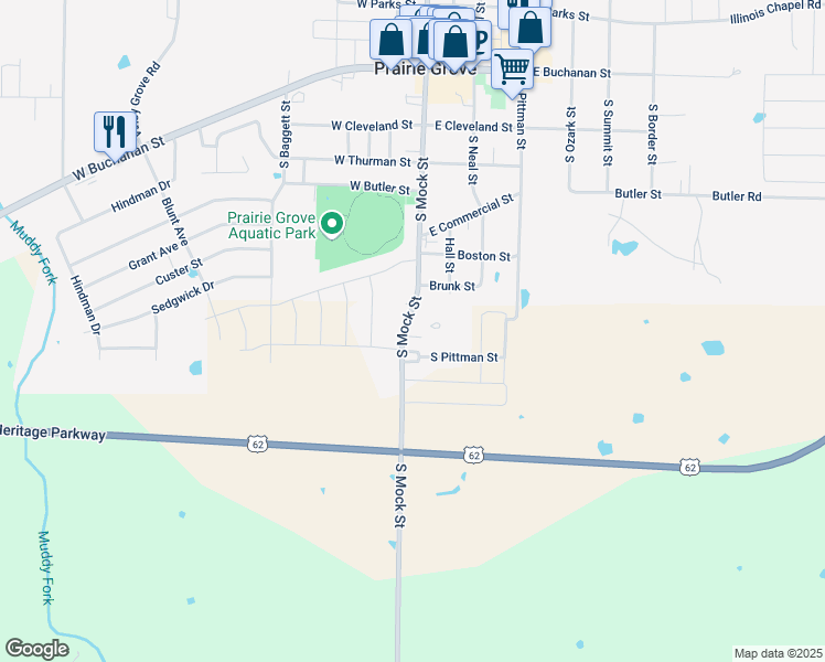 map of restaurants, bars, coffee shops, grocery stores, and more near 11054 Hogeye Road in Prairie Grove