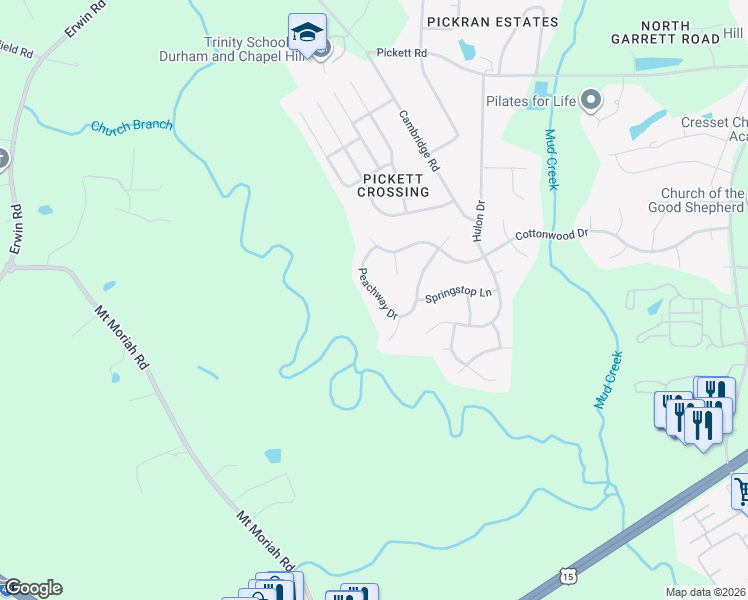 map of restaurants, bars, coffee shops, grocery stores, and more near 4210 Peachway Drive in Durham