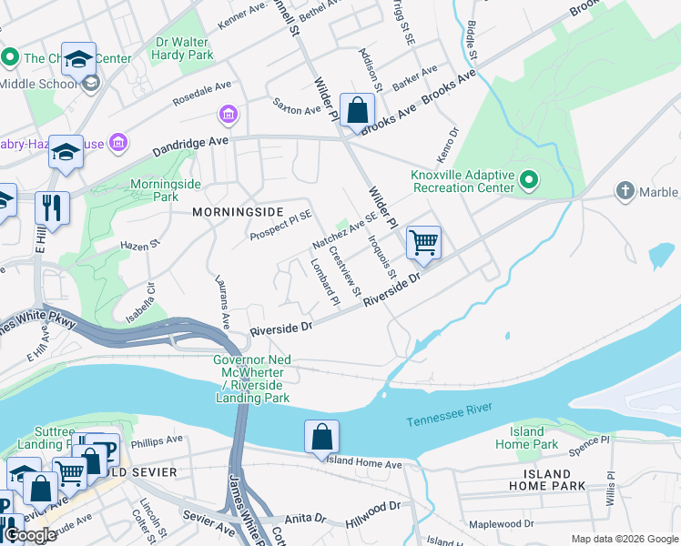 map of restaurants, bars, coffee shops, grocery stores, and more near 1713 Lombard Place in Knoxville