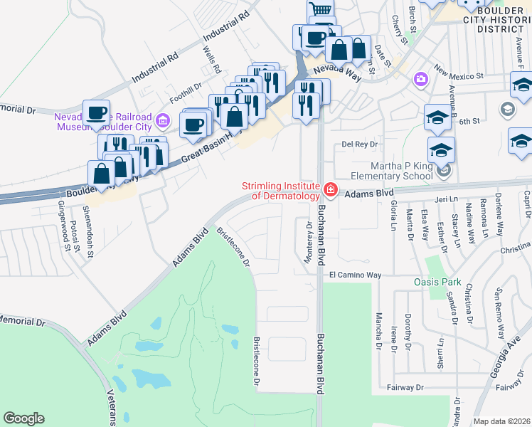 map of restaurants, bars, coffee shops, grocery stores, and more near 1514 Washburn Street in Boulder City