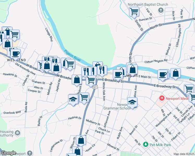 map of restaurants, bars, coffee shops, grocery stores, and more near 103 North Cosby Highway in Newport