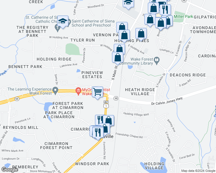 map of restaurants, bars, coffee shops, grocery stores, and more near 1022 South Main Street in Wake Forest