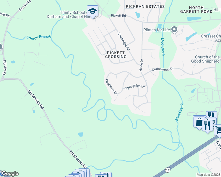 map of restaurants, bars, coffee shops, grocery stores, and more near 4210 Peachway Drive in Durham