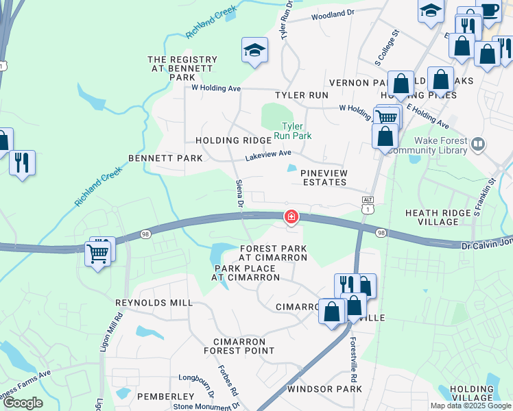 map of restaurants, bars, coffee shops, grocery stores, and more near 520 Brunello Drive in Wake Forest