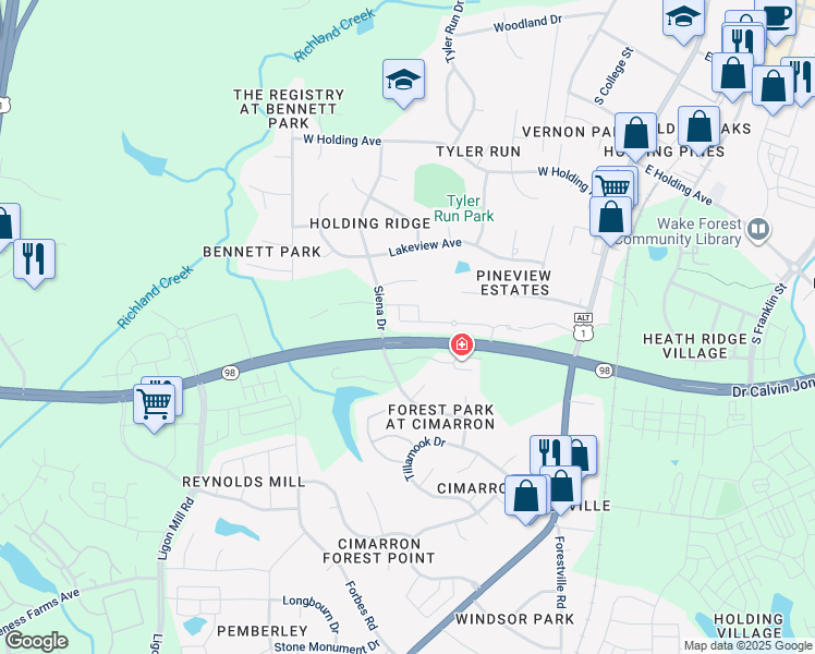 map of restaurants, bars, coffee shops, grocery stores, and more near 520 Brunello Drive in Wake Forest