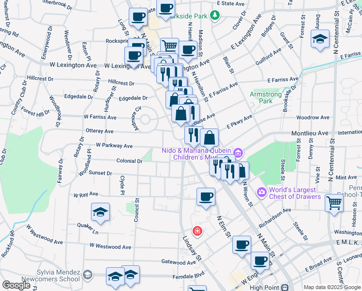 map of restaurants, bars, coffee shops, grocery stores, and more near 207 West Parkway Avenue in High Point