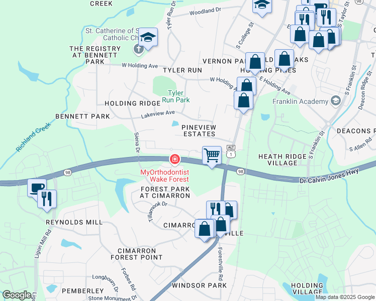 map of restaurants, bars, coffee shops, grocery stores, and more near 574 Brunello Drive in Wake Forest