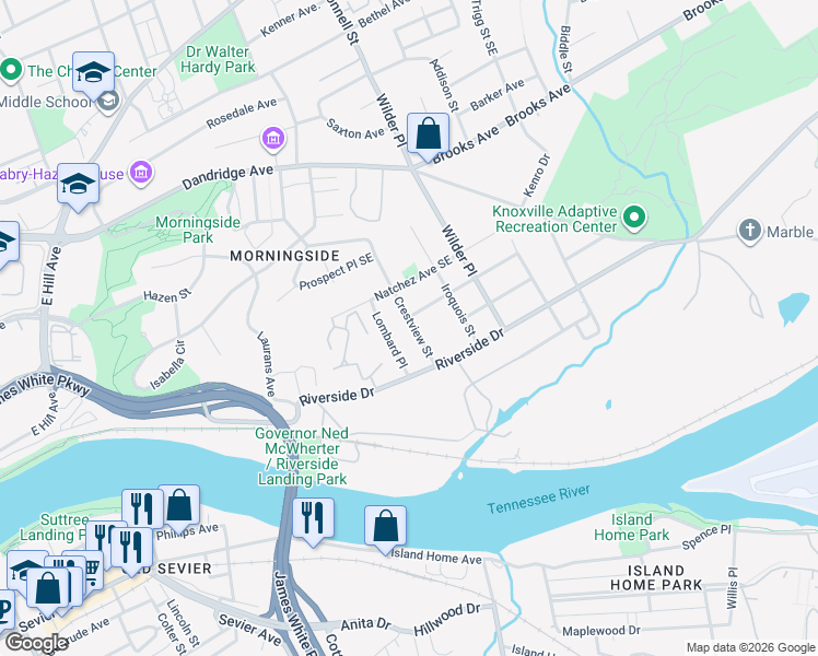 map of restaurants, bars, coffee shops, grocery stores, and more near 1713 Lombard Place in Knoxville