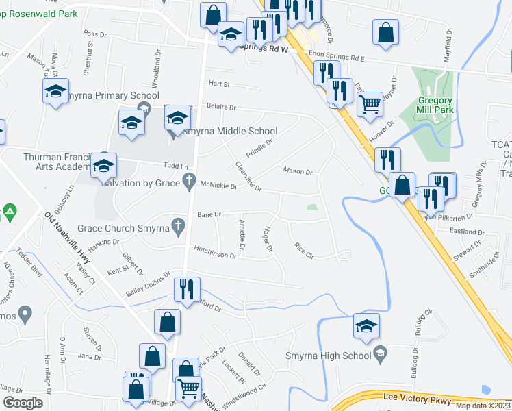 map of restaurants, bars, coffee shops, grocery stores, and more near 121 Bane Drive in Smyrna