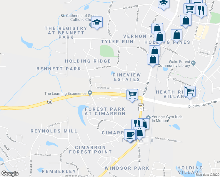 map of restaurants, bars, coffee shops, grocery stores, and more near 556 Brunello Drive in Wake Forest