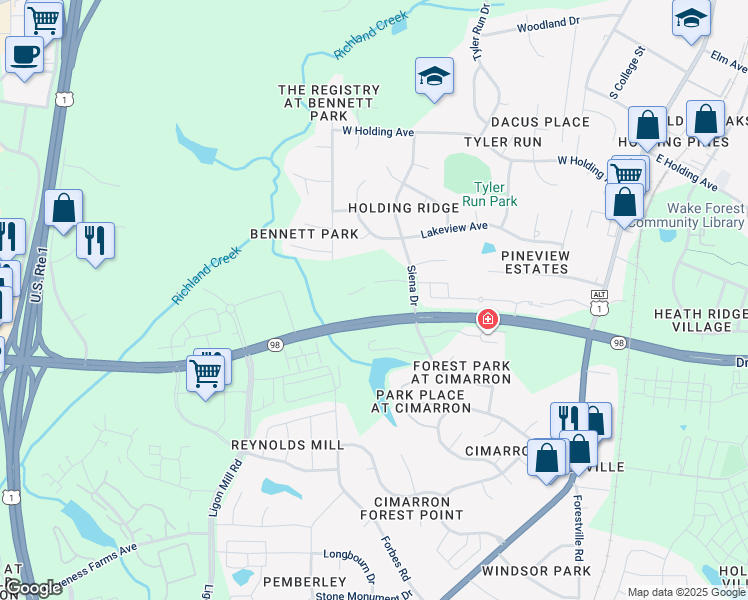 map of restaurants, bars, coffee shops, grocery stores, and more near 8109 Baronleigh Lane in Wake Forest