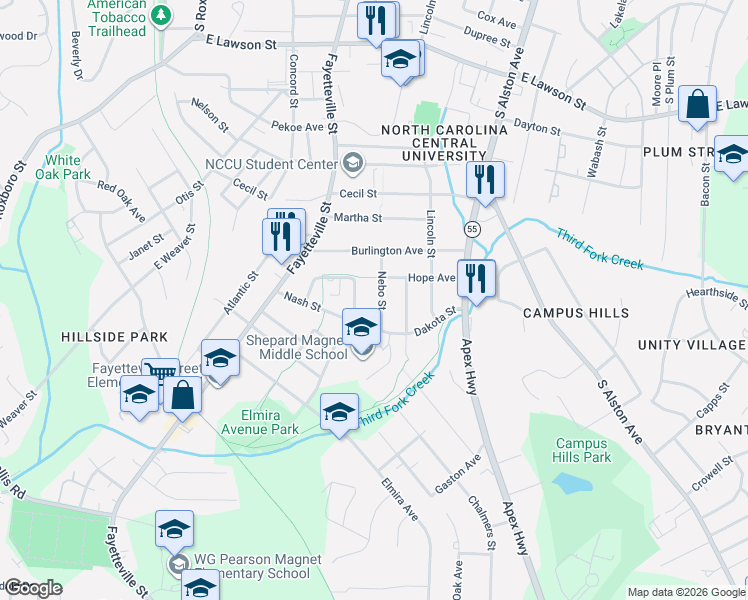 map of restaurants, bars, coffee shops, grocery stores, and more near 2419 Chapin Street in Durham
