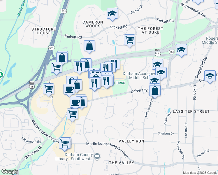 map of restaurants, bars, coffee shops, grocery stores, and more near 3806 University Drive in Durham