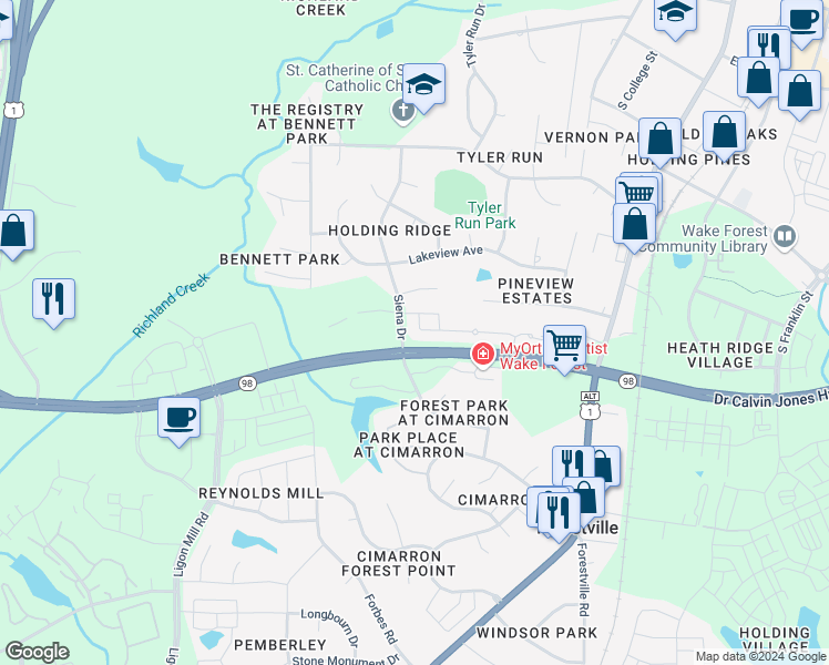 map of restaurants, bars, coffee shops, grocery stores, and more near 512 Brunello Drive in Wake Forest