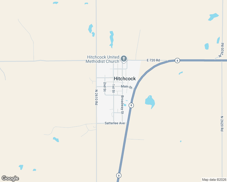 map of restaurants, bars, coffee shops, grocery stores, and more near 1st Street in Hitchcock