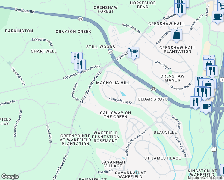 map of restaurants, bars, coffee shops, grocery stores, and more near 3339 Sugar House Street in Raleigh