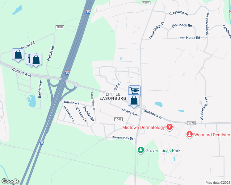 map of restaurants, bars, coffee shops, grocery stores, and more near Sunset Avenue in Rocky Mount
