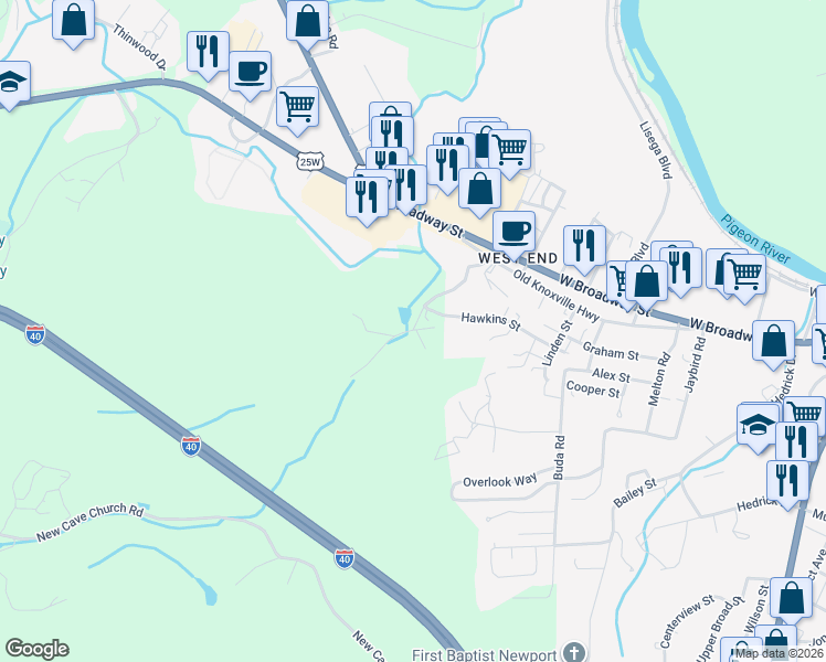 map of restaurants, bars, coffee shops, grocery stores, and more near 489 Frosty Lane in Newport