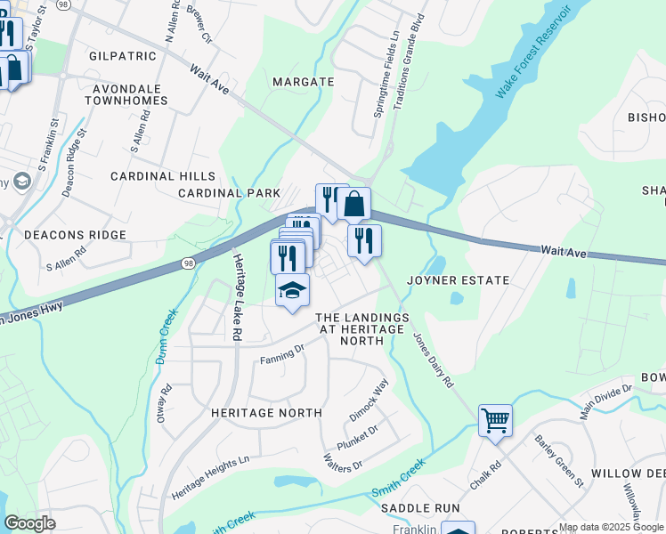 map of restaurants, bars, coffee shops, grocery stores, and more near 613 Gateway Crossing Lane in Wake Forest