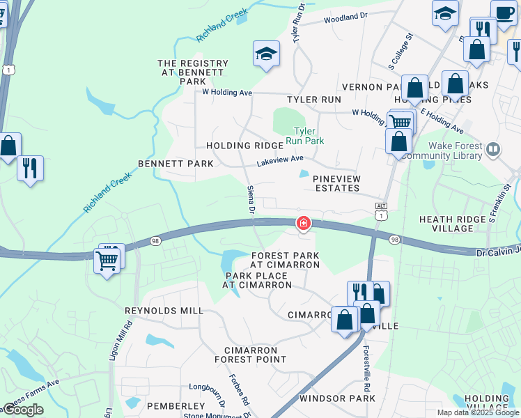 map of restaurants, bars, coffee shops, grocery stores, and more near 512 Brunello Drive in Wake Forest