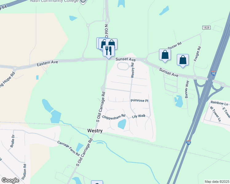 map of restaurants, bars, coffee shops, grocery stores, and more near 4737 Morning Glory Way in Rocky Mount