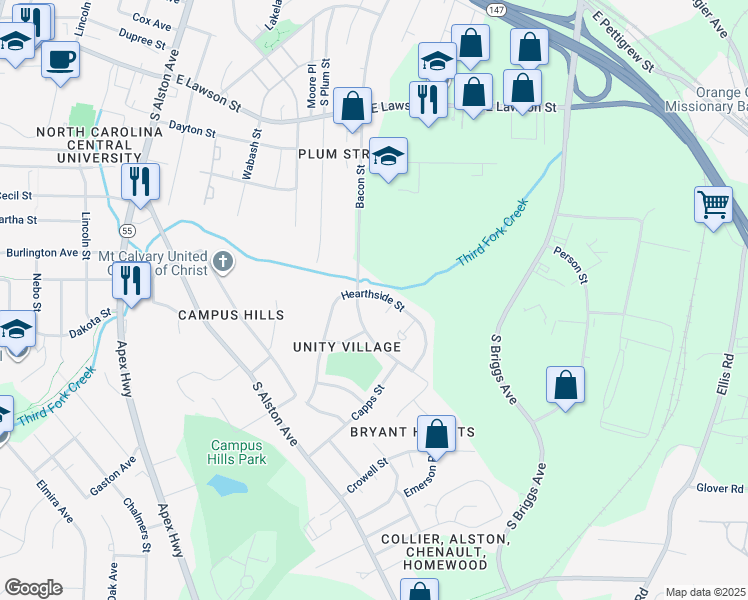 map of restaurants, bars, coffee shops, grocery stores, and more near 1311 Bacon Street in Durham