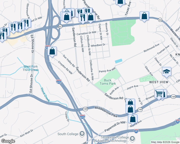 map of restaurants, bars, coffee shops, grocery stores, and more near 2106 Chillicothe Street Northwest in Knoxville