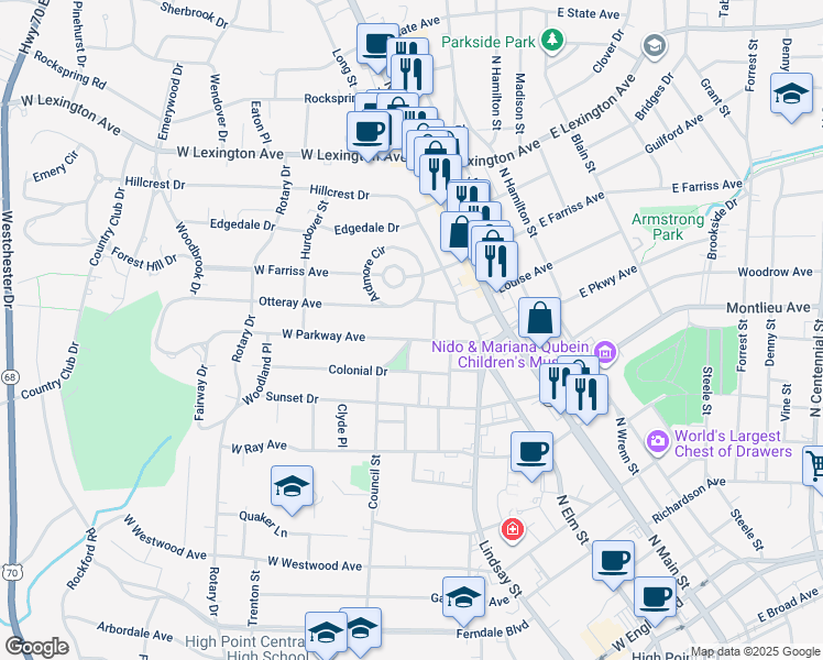 map of restaurants, bars, coffee shops, grocery stores, and more near 408 West Parkway Avenue in High Point