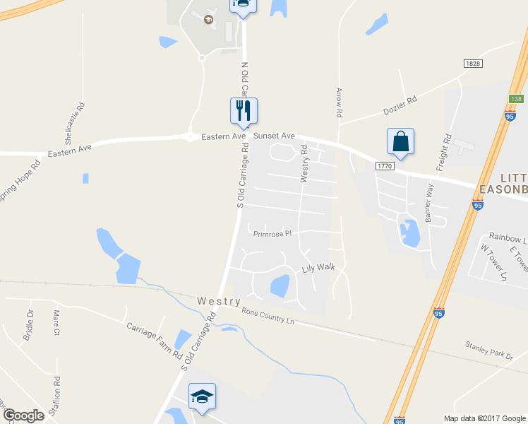 map of restaurants, bars, coffee shops, grocery stores, and more near 4737 Morning Glory Way in Rocky Mount