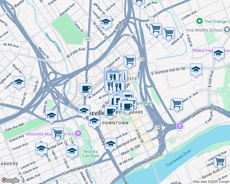 map of restaurants, bars, coffee shops, grocery stores, and more near 235 South Gay Street in Knoxville