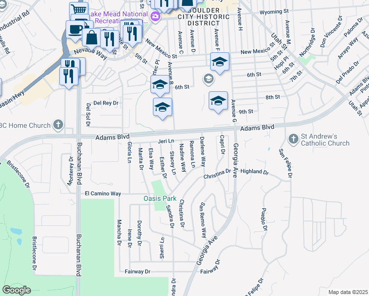 map of restaurants, bars, coffee shops, grocery stores, and more near 1309 Nadine Way in Boulder City