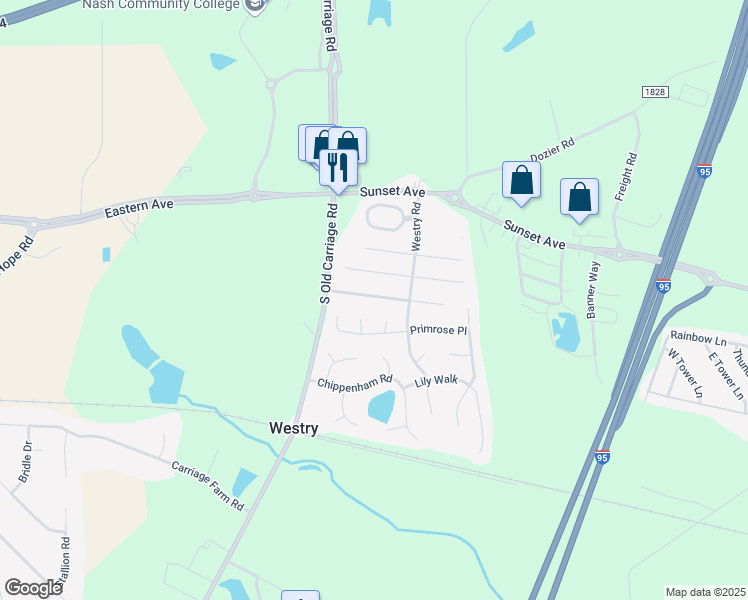 map of restaurants, bars, coffee shops, grocery stores, and more near 4725 Morning Glory Way in Rocky Mount