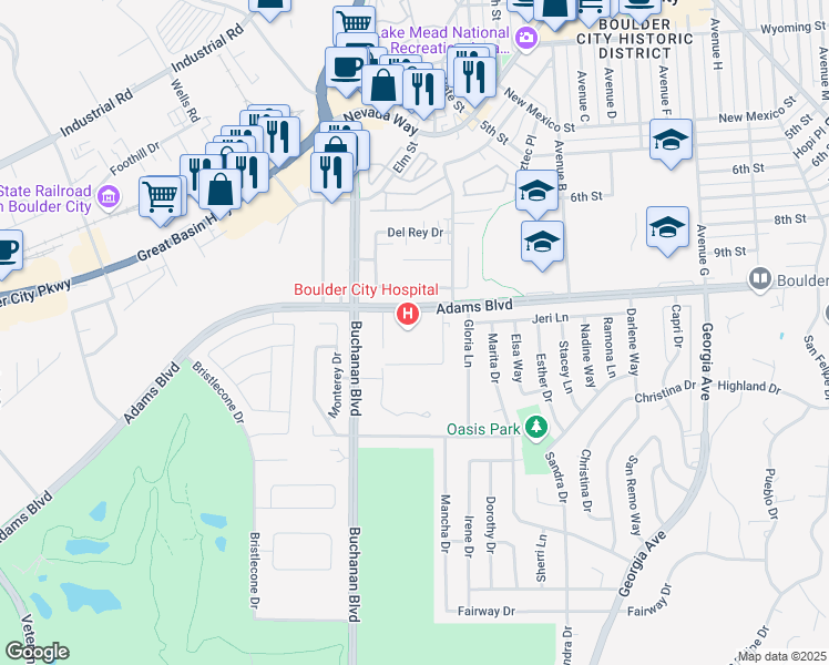 map of restaurants, bars, coffee shops, grocery stores, and more near 901 Adams Boulevard in Boulder City